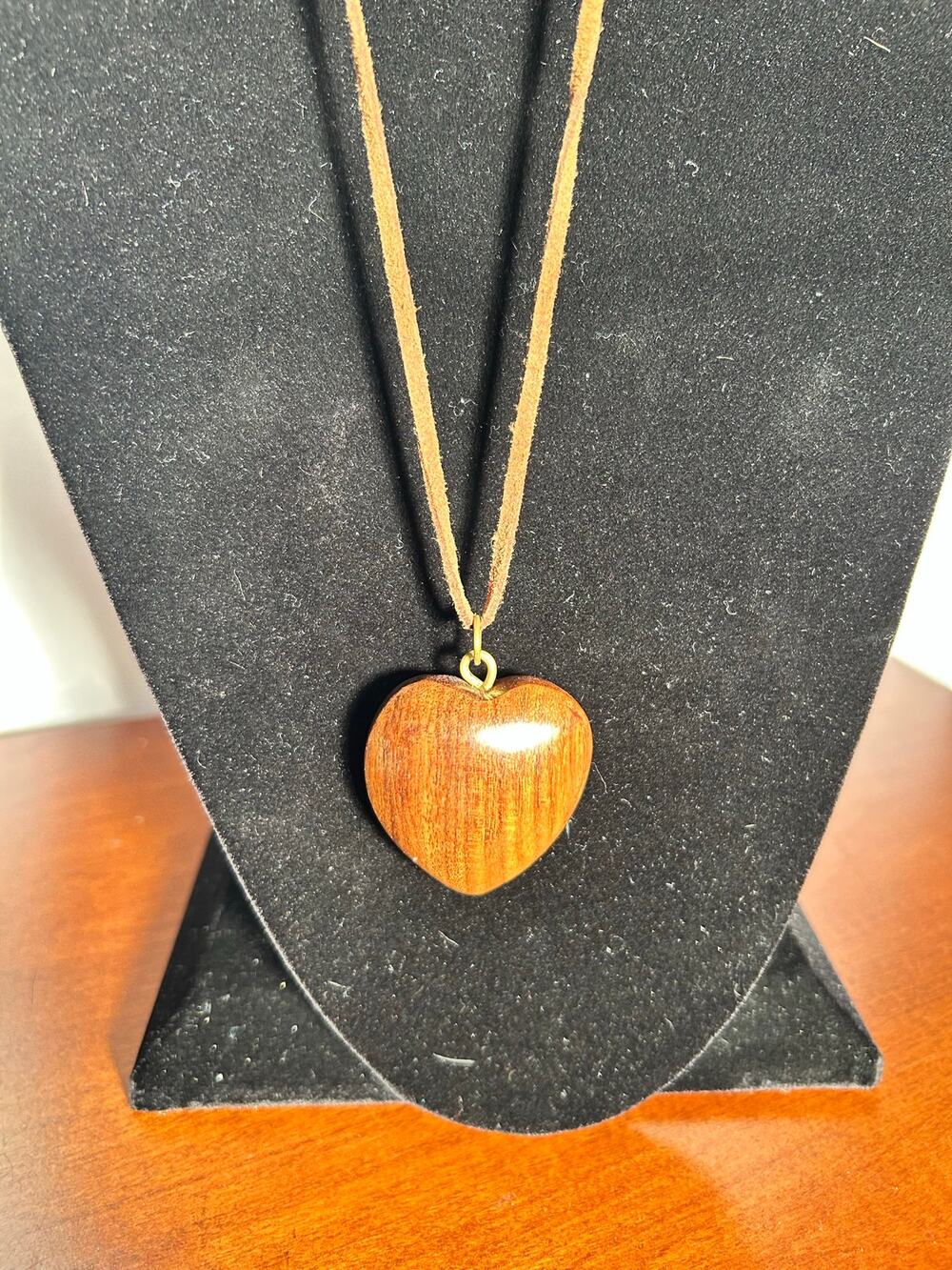 Polished Monkey Pod Wooden Heart Statement Pendant Necklace 33" Boho Natural